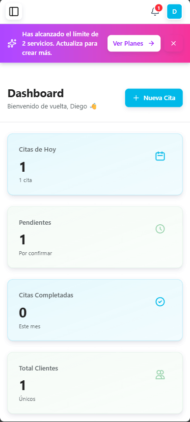 Vista móvil del dashboard ZendaPro con agenda de citas y recordatorios automáticos